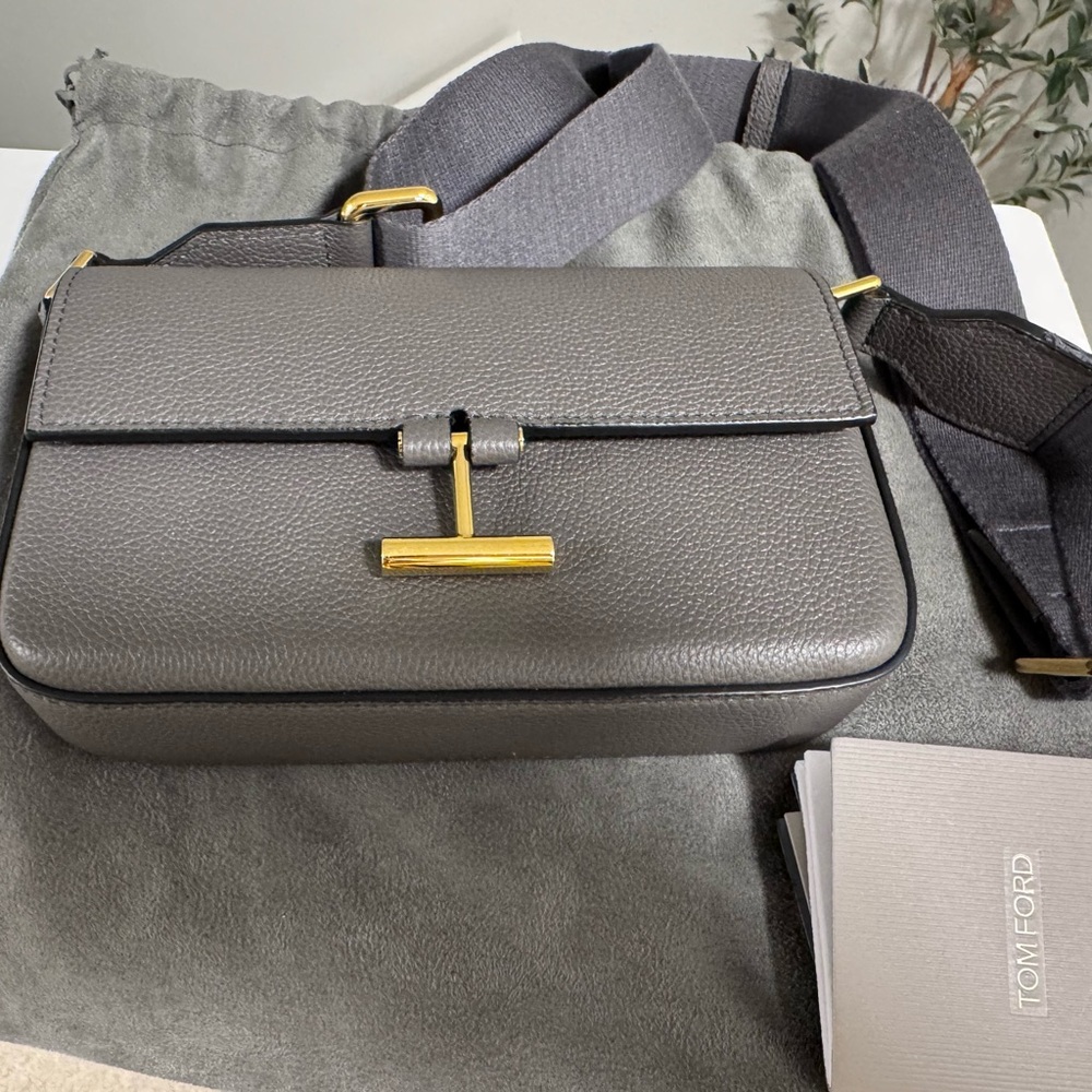 Tom Ford Gray Pebbled Leather Crossbody with Gold-Tone T-Clasp